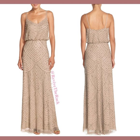 NEW Adrianna Papell Art Deco Beaded Blouson Gown in Taupe Pink‎ [SZ 8 ] - Picture 10 of 11